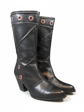 Harley Davidson black leather grommets mid calf side zip heeled boots size 8